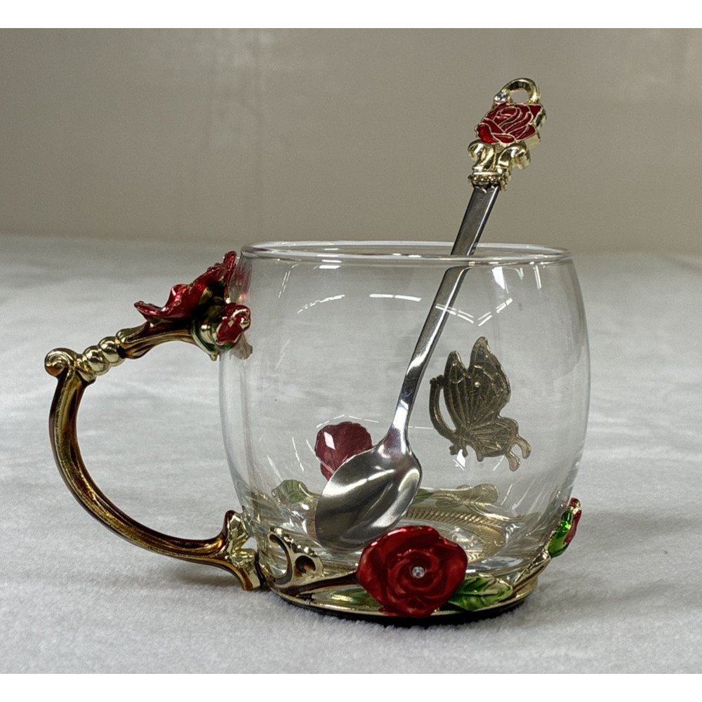 ARC Of France Glass Coffee Tea Cup Jewel Enamel Red Rose & Red Butterfly Spoon